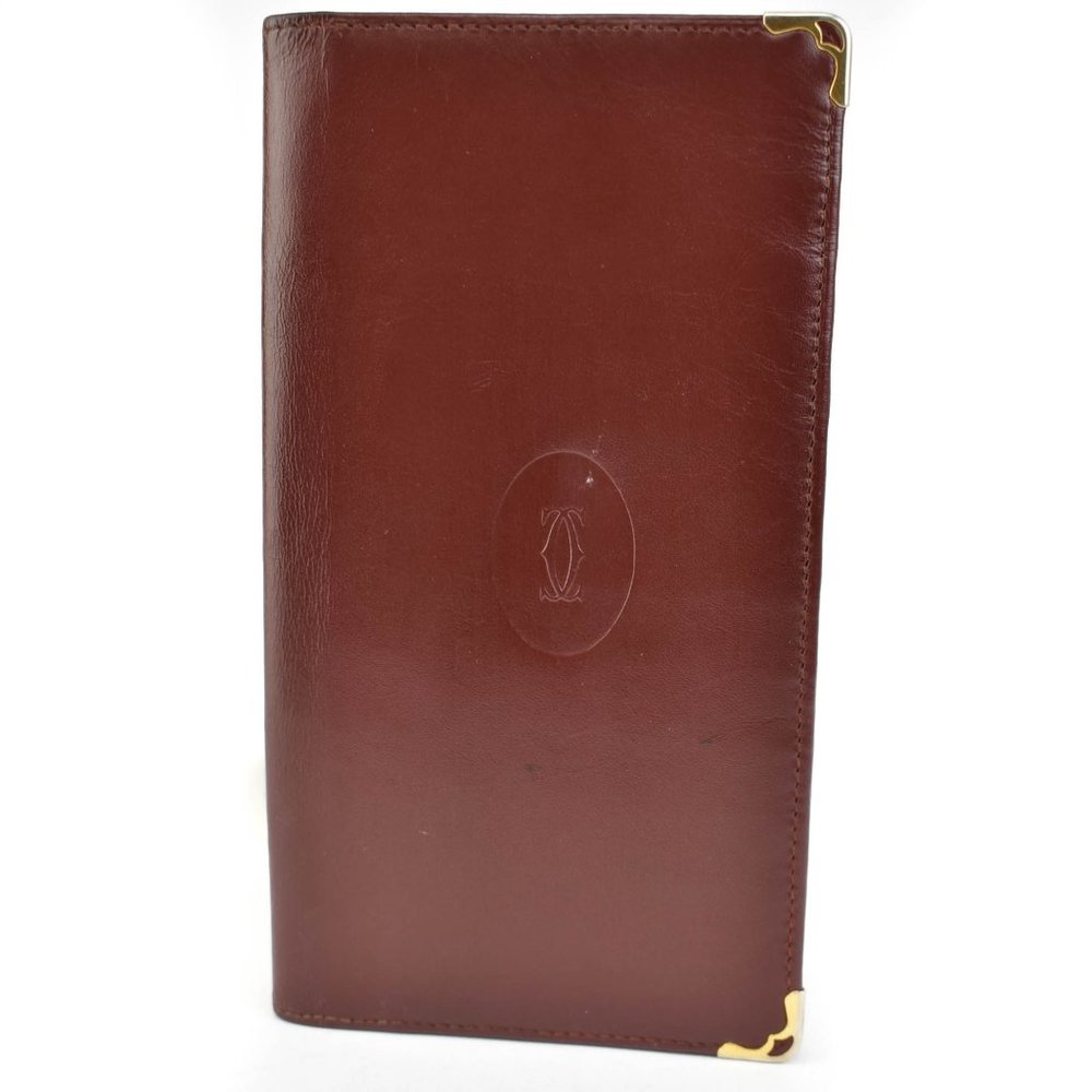 CARTIER: Burgundy, Leather & "Double C" Logo Long Checkbook Wallet (qu)